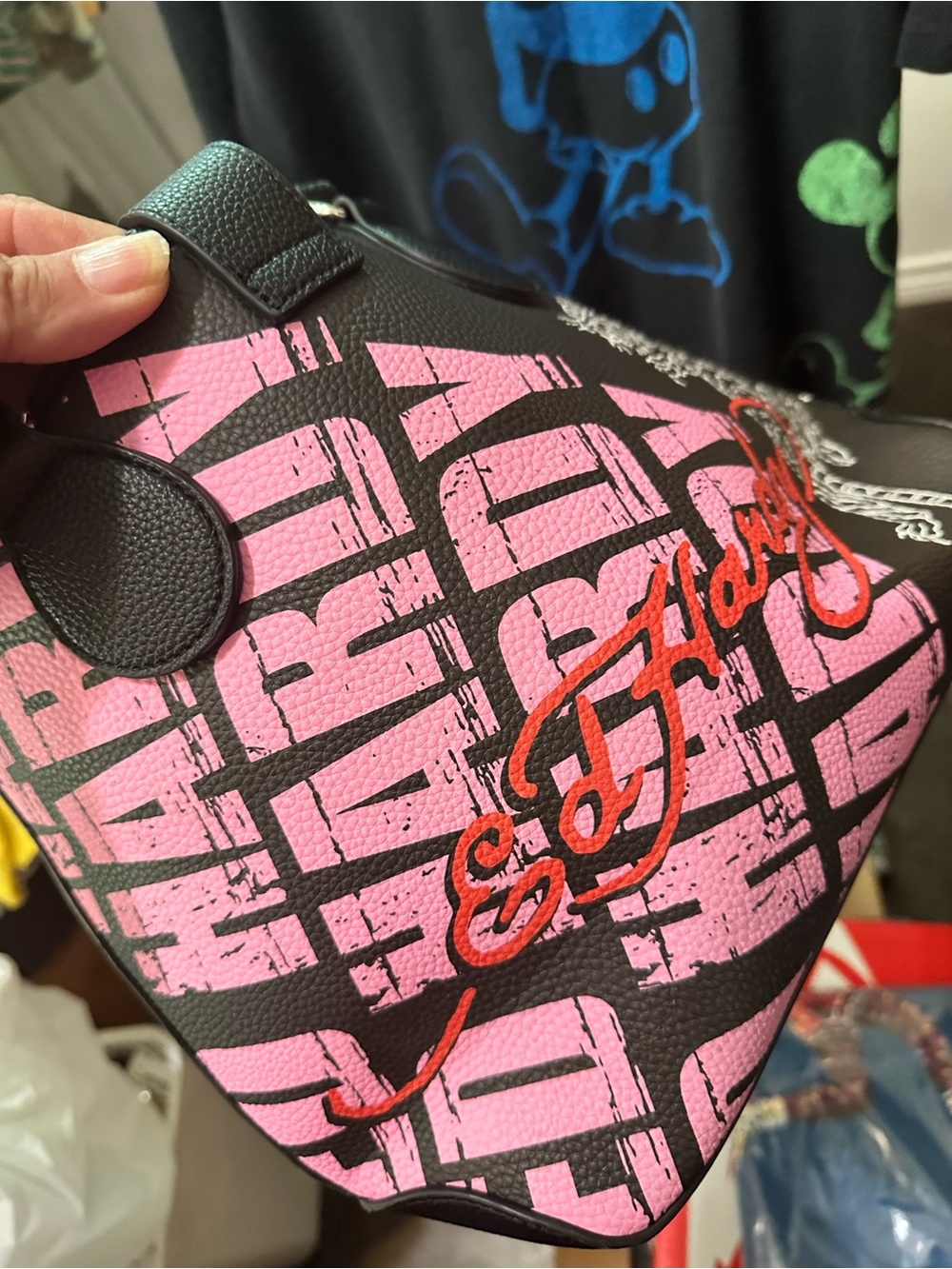 Ed Hardy Pink, Black & White Floral Tattoo Shoulder Bag - Picture 4 of 13